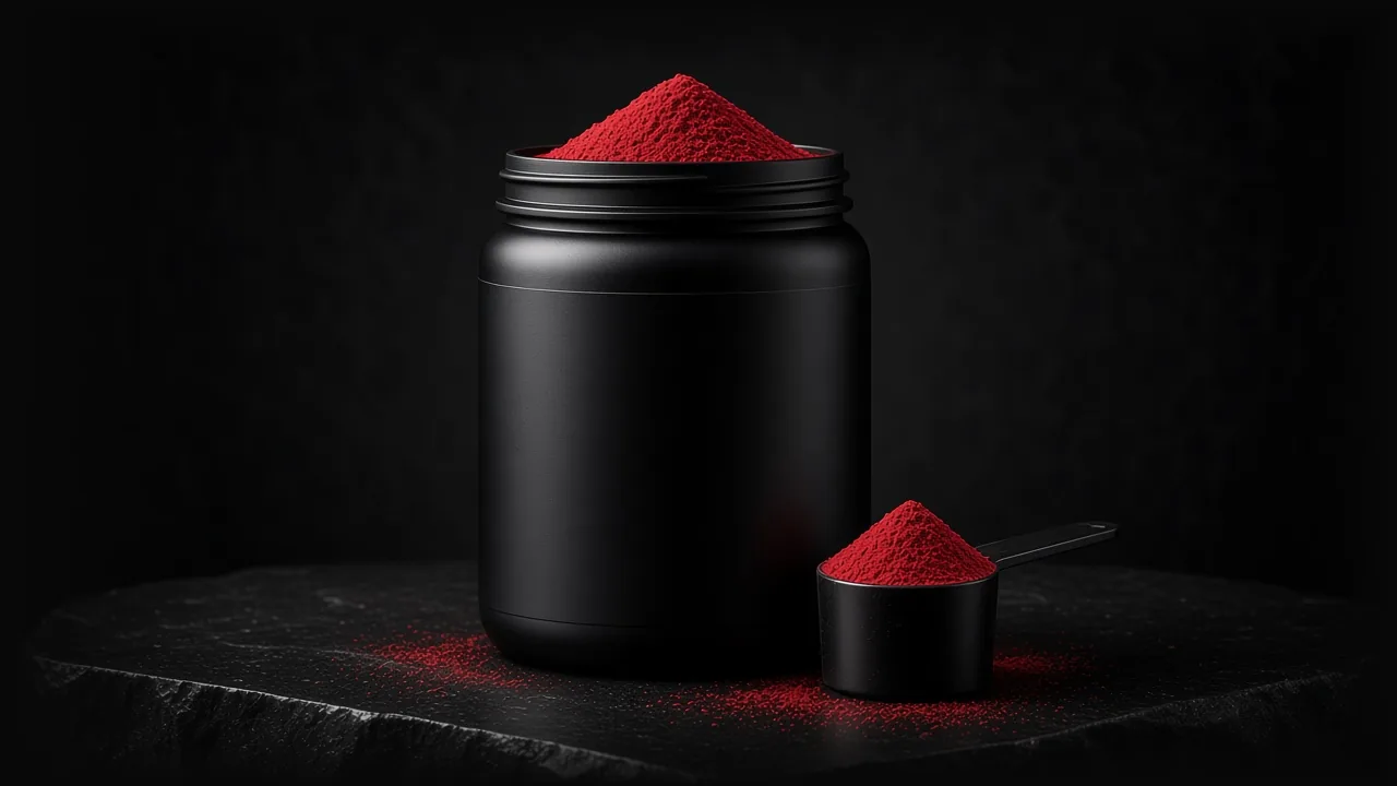 Κόκκινη σκόνη pre-workout σε μαύρο βαζάκι